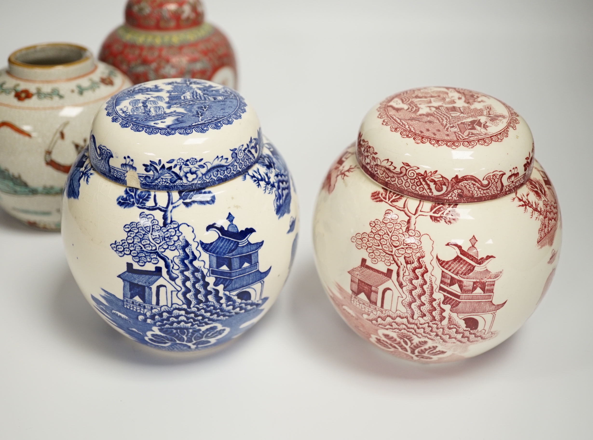 Two Chinese jars, and two Masons ironstone jars, three with covers, tallest 13cm high